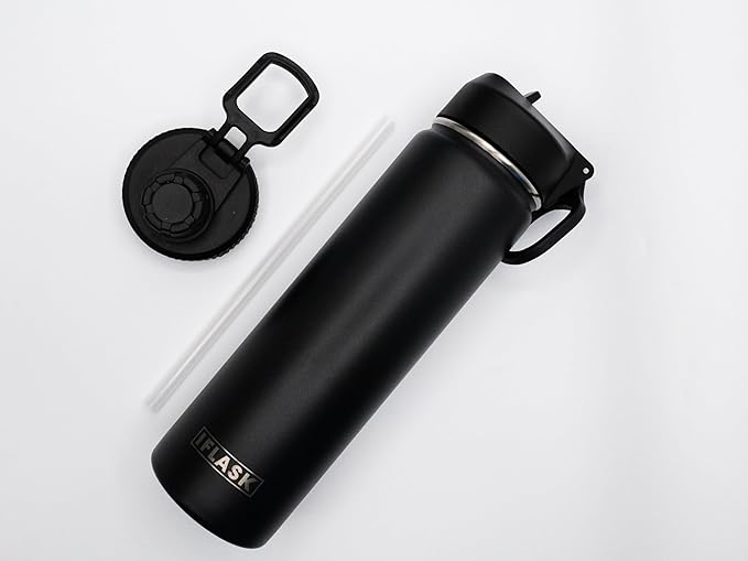 Sport Travel Outdoor Water Bottle with Spout and Straw Lids | Leak Proof | Insulated Stainless Steel Double Walled | BPA and Sweat free | Hot & Cold | For Kids Men & Women (Black, 22 oz)
