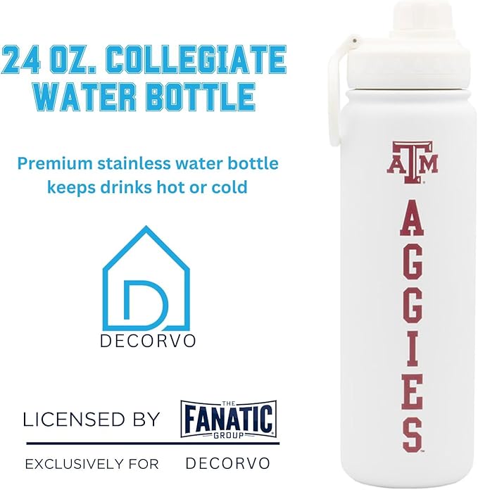 Texas A&M Aggies Bottle - White Double Walled Stainless Steel 24 oz Keeps Drinks Cold or Hot