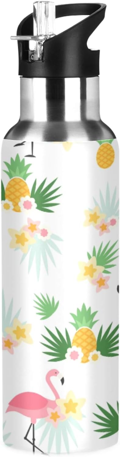 Qilmy Black and White Leopard Water Bottle Vacuum Insulated Stainless Steel Water Bottles with Straw Lid Leakproof Wide Mouth Water Flask for Fitness Outdoor Sports, 20 oz