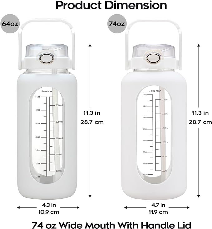 74 oz Glass Water Bolttles with Straw Large Motivational Water Bottle with Time Marker Sports Water Bottles with Silicone Sleeve and Handle Lid 2.2L Water Jug for Gym Workout