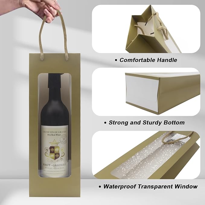 WAKAKO 12 Pcs Wine Gift Bags for Wine Bottles, Reusable Clear Window Wine Bottle Bags Bulk with Handles for Weddings, Valentine's Day, Birthday, Party, Graduations, Thanksgiving (gold)