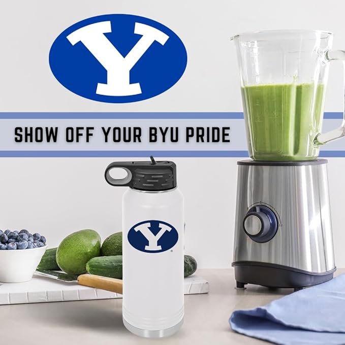 Game Day Outfitters BYU Cougars 32oz Stainless Steel Double Walled White Beverage Bottle with Flip Straw Spout– College Gear for Playoff Season– For Gym, Home or Auto – Show Your Brigham Youth Pride