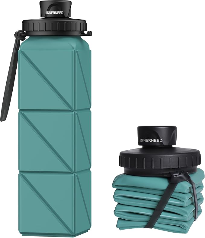 INNERNEED Collapsible Water Bottle, Reuseable BPA Free Silicone Foldable Water Bottles for Travel Gym Camping Hiking, 20.6 fl.oz, Portable, Food-Grade, Leak Proof (1 Pack, Dark Green)