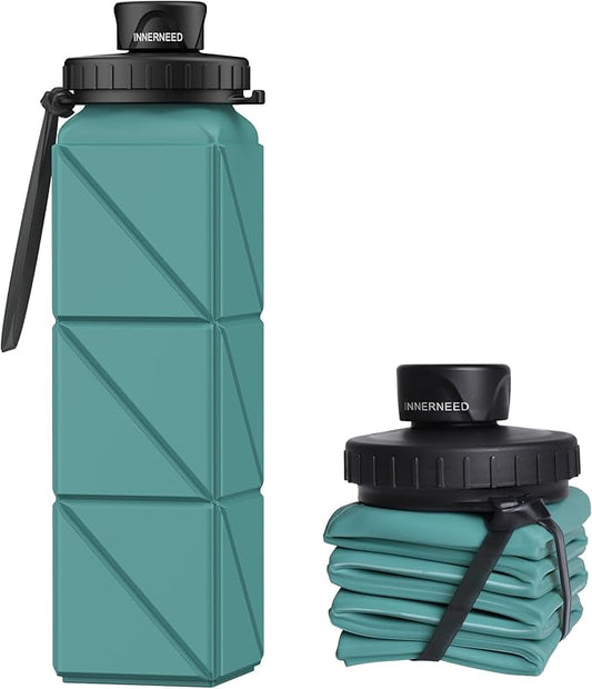 INNERNEED Collapsible Water Bottle, Reuseable BPA Free Silicone Foldable Water Bottles for Travel Gym Camping Hiking, 20.6 fl.oz, Portable, Food-Grade, Leak Proof (1 Pack, Dark Green)