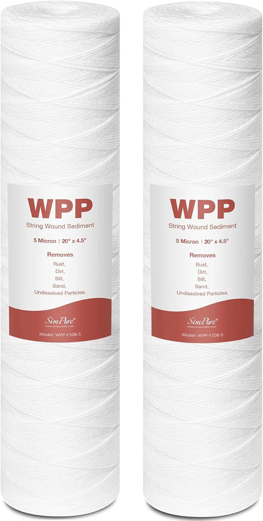 20 x 4.5 Inch 5 Micron String Wound Sediment Water Filter Cartridge, SimPure Whole House Sediment Well Water Filter Replacement for Well Water, Fits DB20P DB20P-3 (2 Pack)