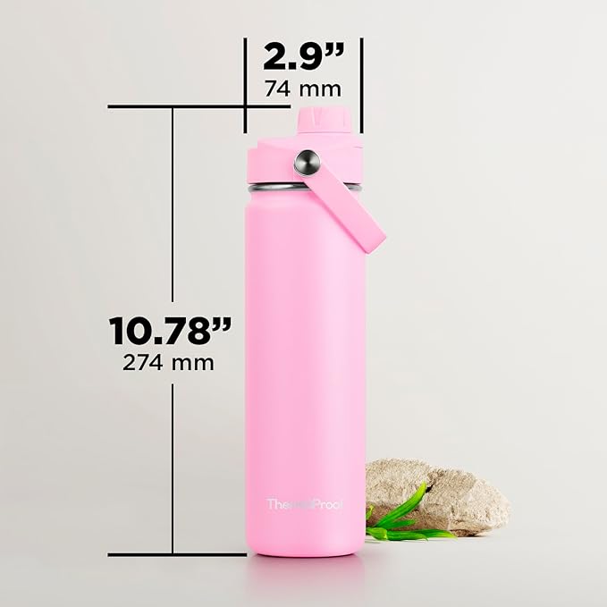 ThermoProof Hot & Cold Insulated Stainless Steel Water Bottle, Durable Leak Proof Gym Bottles for Men, Women & Kids, Double Walled Vacuum Bottles - 2 Lids (Pink, 22oz)