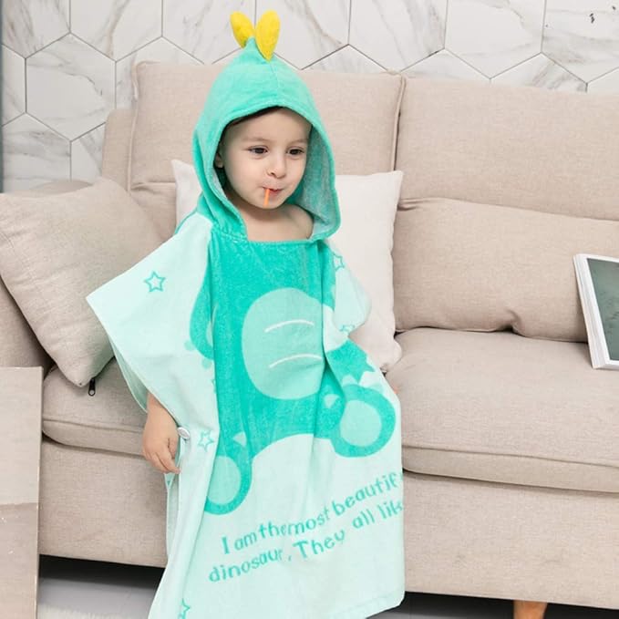 TONWHAR Kids Bath/Pool/Beach Hooded Poncho Towel-Cartoon Animal Pattern Cotton Beach Towel for Baby and Kids (Light Green Dinosaur, 5-9 Years/Height:43.3"-51.2")