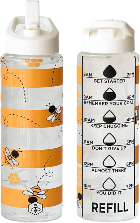 Biddlebee 32oz. Hydration Tracker Water Bottles with Times To Drink | Big Motivational Water Bottle with Time Marker, Straw Lid, & Measurements | BPA-Free