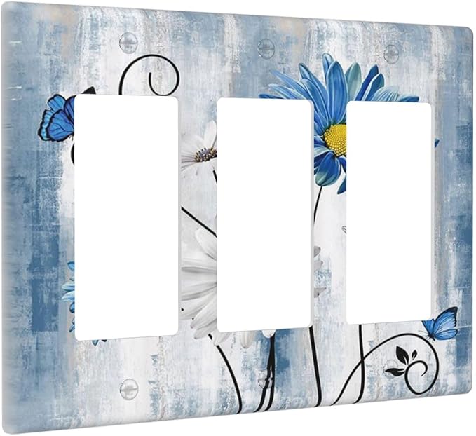 Rustic Teal Blue Daisy Floral 3 Gang Rocker Light Switch Covers Triple Outlet Wall Plate Decorative Switchplate Cover Faceplate GFCI for Country Bathroom Bedroom Kitchen Decor