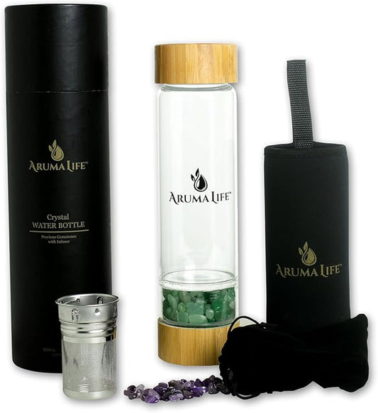 Crystal Water Bottle with a Loose-Leaf Tea or Fruit Infuser, Safe for Hot and Cold Drinks, Eco-friendly & Plus BONUS Protective Sleeve & Extra Set of Crystals (Aventurine & Amethyst)