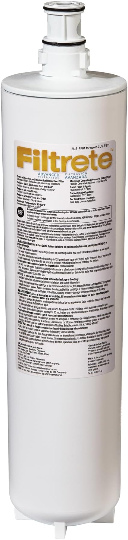 Filtrete Advanced Under Sink Quick Change Water Filtration Filter 3US-PF01, for use with 3US-PS01 System, 1 Count (Pack of 1), White