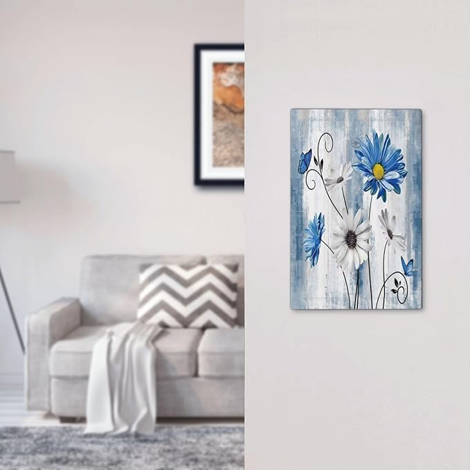 Rustic Teal Blue Daisy Floral Farmhouse 1 Gang Light Switch Covers No Device Wall Plate Decorative Blank Switchplate Electrical Faceplate for Country Bathroom Bedroom Decor