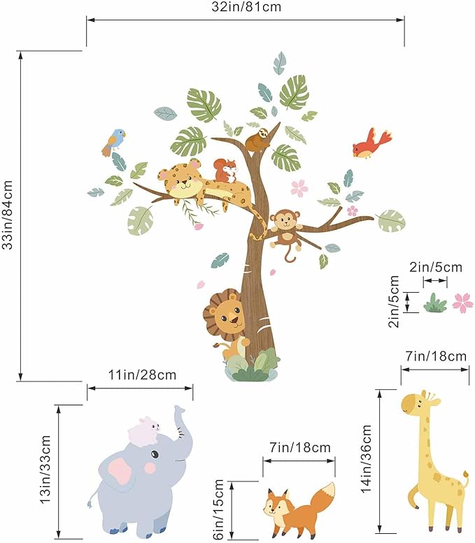 Forest Animals Baby Wall Stickers - Elephant Giraffe Lion Monkey Sloth Tocan Wall Decals - Baby Nursery Kids Room Daycare Playroom Classroom Wall Decor