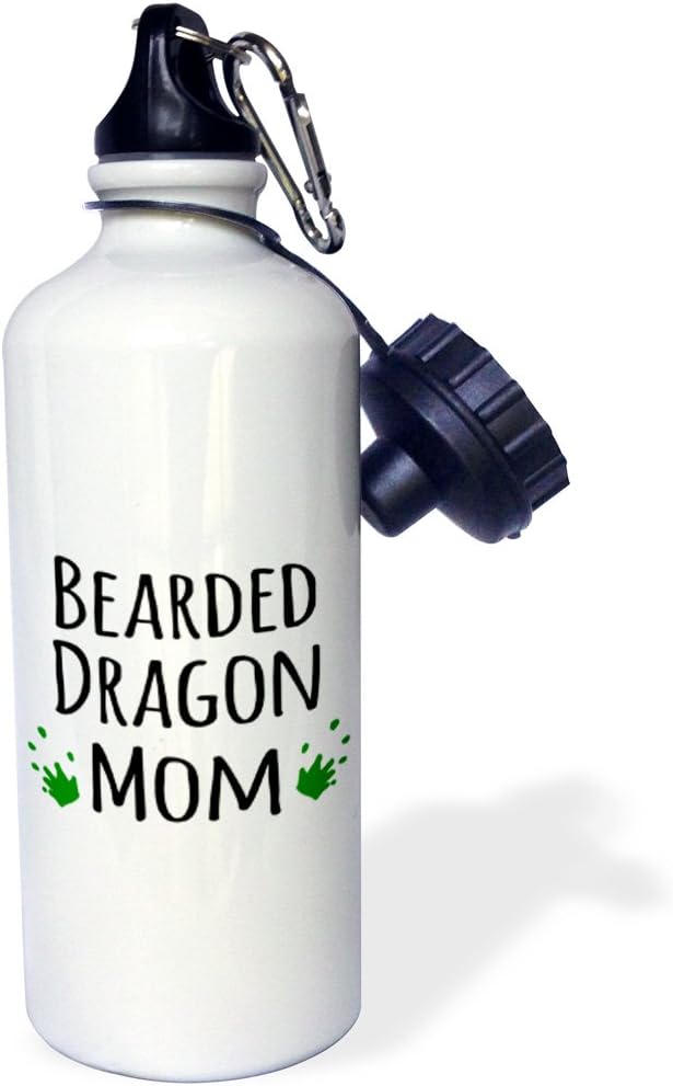 3dRose Bearded Dragon Mom-for female lizard and reptile enthusiasts and girl pet owners Green footprints-Sports Water Bottle, 21 oz, White