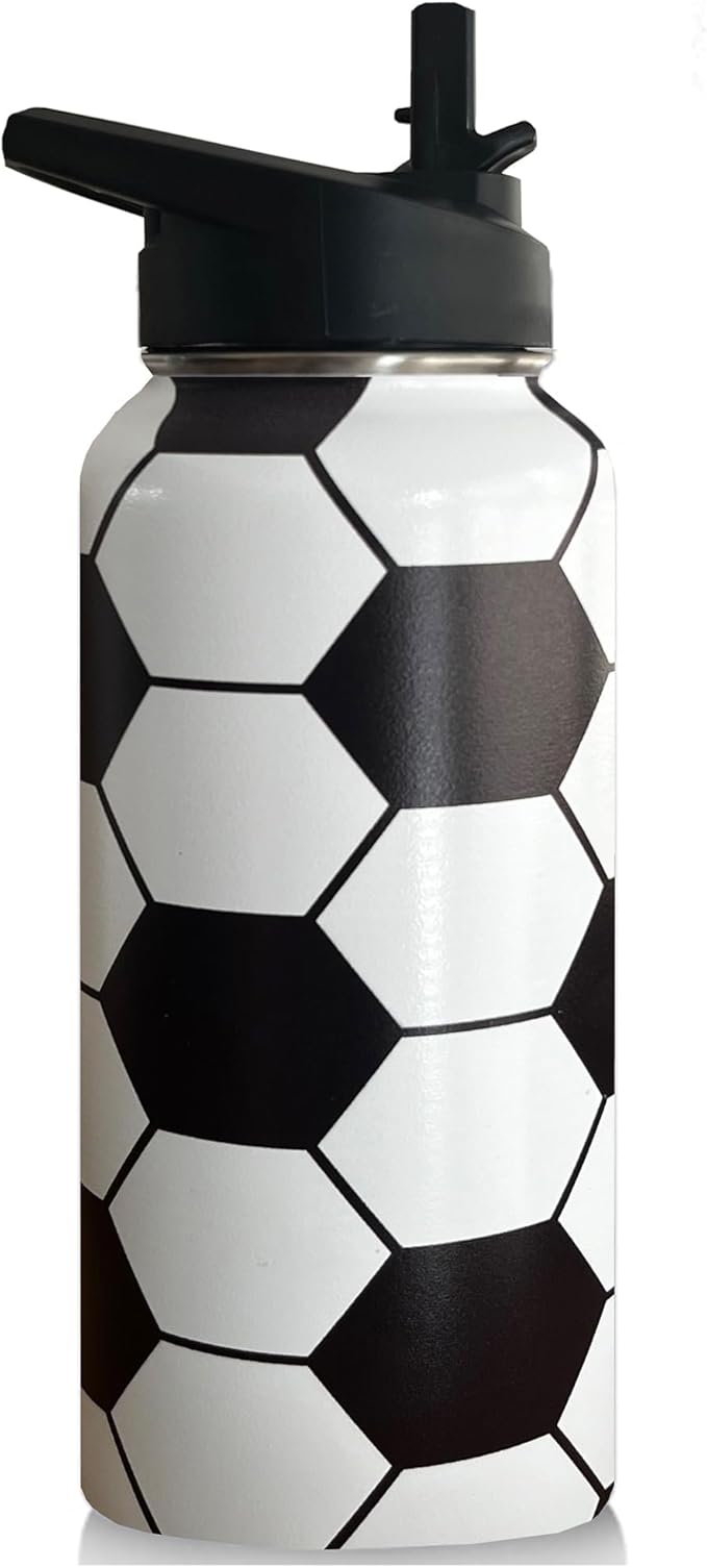 32 oz Soccer Water Bottle Insulated Vacuum Stainless Steel Sports Water Bottle with 2 Lids (Straw and Spout Lid) for Gym Camping Hiking