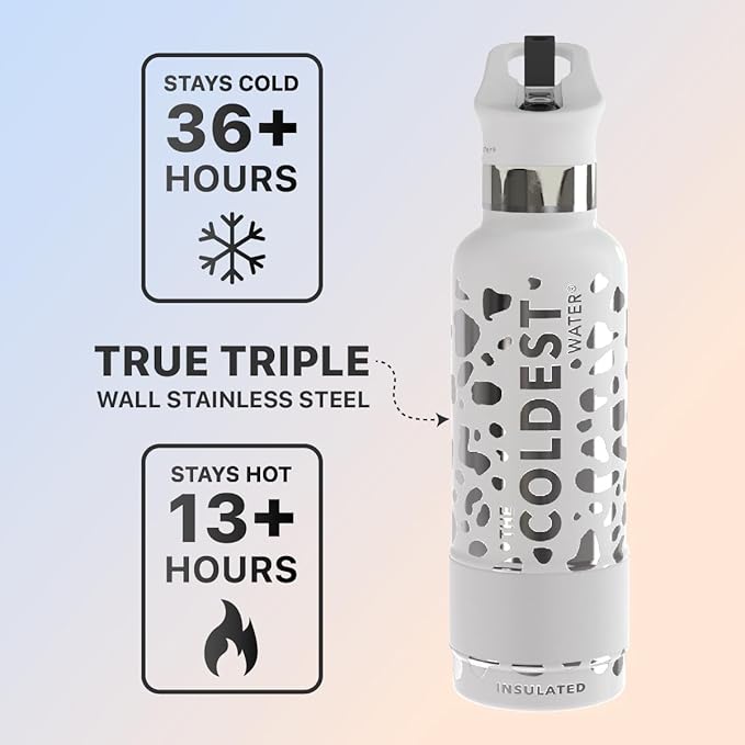 COLDEST Kids Water Bottle for School - Multiple Sizes (Straw Lid) Insulated Stainless Steel Reusable Leak-Proof for Girls, Boys (21 oz, Silver Leopard)