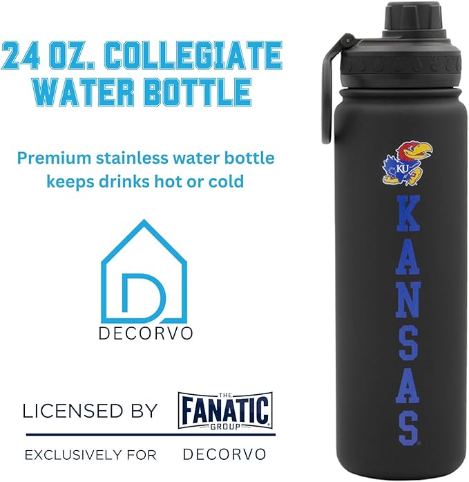 University of Kansas Water Bottle - Black Double Walled Stainless Steel 24 oz Keeps Drinks Cold or Hot