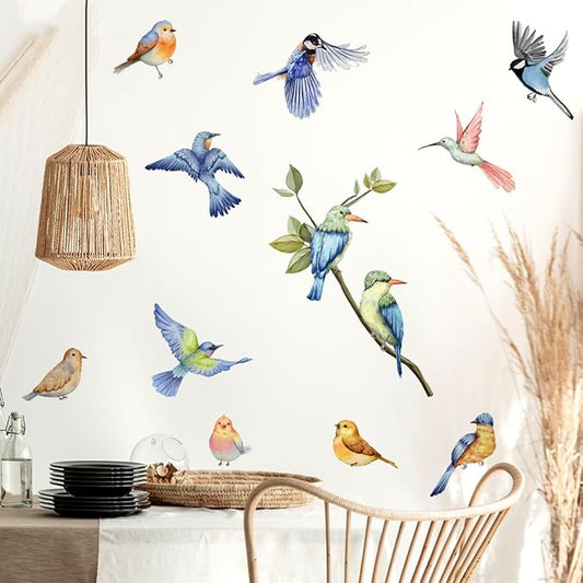 Colorful Birds Wall Decals Standing on Tree Branch Wall Stickers Animal Birds Self-Adhesive Sticker Vinyl Wall Decor DIY Wall Art for Kid's Room Nursery Decoration