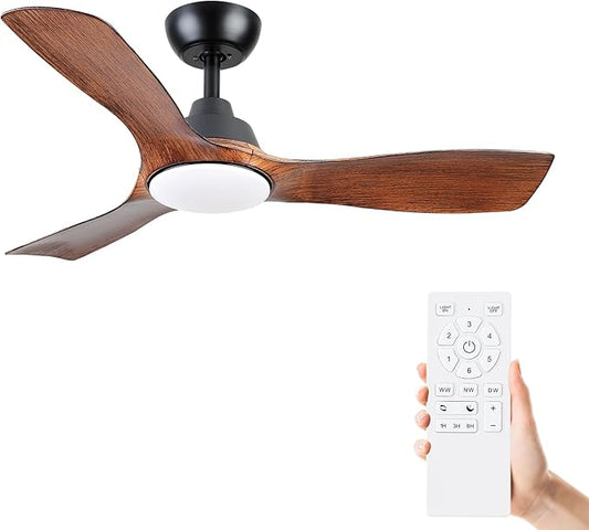 Sevenine Ceiling Fan with Light,Wood Brown Ceiling Fan,3 Blades,Downrod,6 Speed Adjustable,Dimmable LED,3 Timers,Reversible DC Motor, for Patio Living Room Bedroom Dining Room (Wood Brown, 42Inch)
