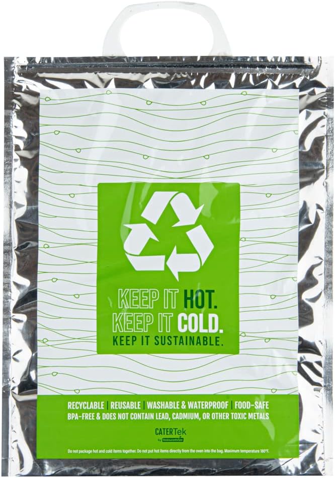 Restaurantware Cater Tek 11.8 x 5.9 x 15 Inch Hot And Cold Bag 1 Triple Layer Insulated Bag - Snap Lock Handles Waterproof Green & Silver Plastic Thermal Lunch Bag For Frozen & Hot Items