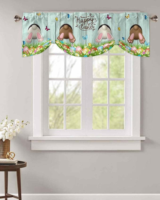 Spring Easter Blackout Tie Up Valance Curtains for Kitchen Windows Funny Bunny Tails Rabbit Window Toppers Balloon Shades for Living Room/Bathroom/Bedroom,1 Panel, 54" X 18",Floral Farmhouse