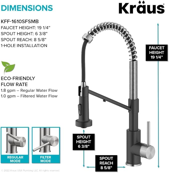 KRAUS Bolden 2-in-1 Commercial Style Pull-Down Single Handle Water Filter Kitchen Faucet for Reverse Osmosis or Water Filtration System in Spot-Free Stainless Steel/Matte Black, KFF-1610SFSMB