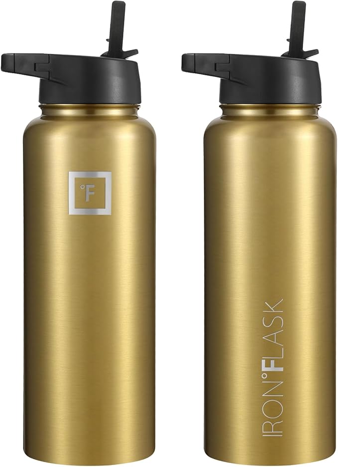 IRON °FLASK Sports Water Bottle - Wide Mouth, 3 Lids (Straw Lid) - Stainless Steel Gym & Outdoor Bottles for Men, Women & Kids - Double Walled, Insulated Thermos, Metal Canteen - Gold, 40 Oz