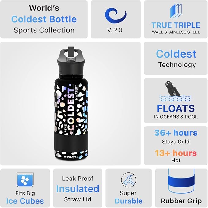 COLDEST Sports Water Bottle -32 oz (Straw Lid), Leak Proof, Vacuum Insulated Stainless Steel, Hot Cold, Double Walled, Thermo Mug, Metal Canteen (32 oz, Moonlight Leopard)