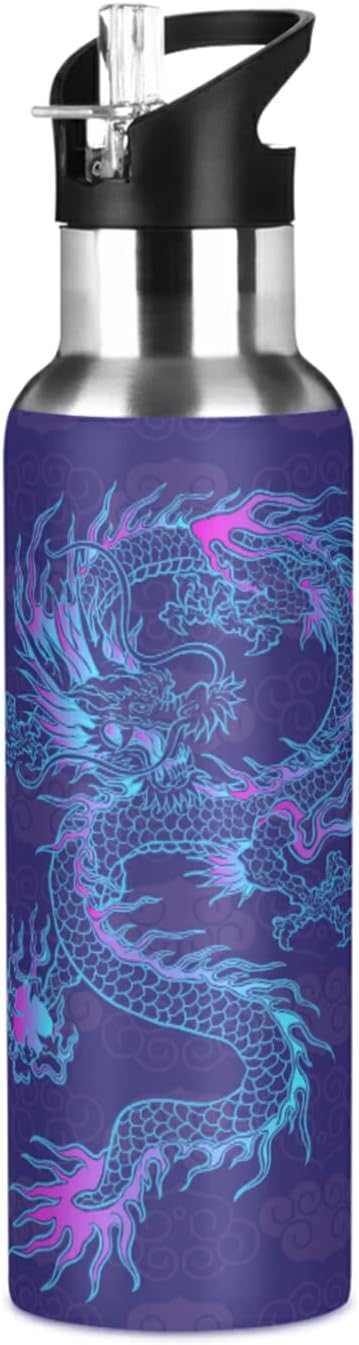 Blueangle 20oz Purple Chinese Dragon Water Bottle, BPA Free Stainless Steel Water Bottle Leak-Proof Sports Bottle for Camping Workouts Gym and Outdoor Activity