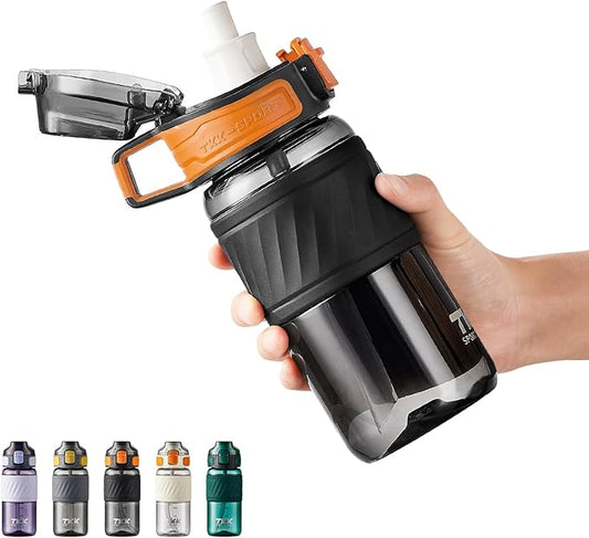 TKK 15oz Sports Water Bottles with Removable Straw Durable BPA Free Tritan Bottles Leak-Proof Water Bottles for School, Fitness, Gym, Outdoor, Black