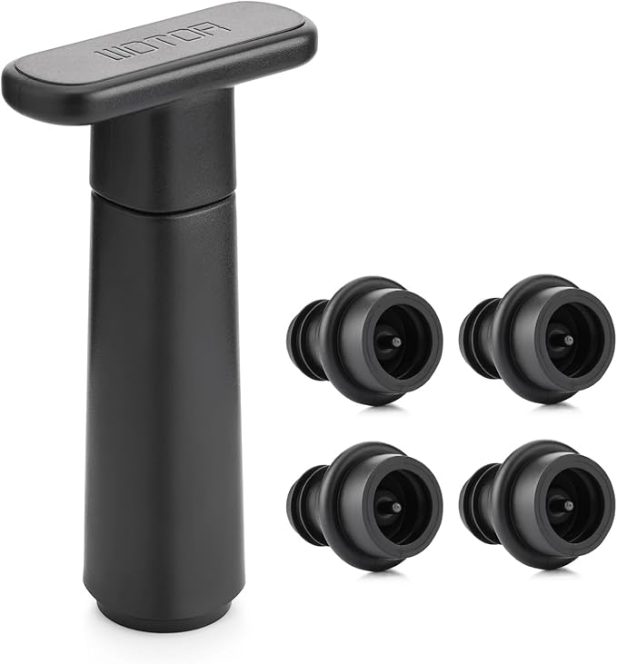 Wine Saver Vacuum Pump with 4 Stoppers, Wine Stopper, Wine Preserver, Reusable Bottle Sealer Keeps Wine Fresh, Ideal Wine Accessories Gift (Flat Handle)