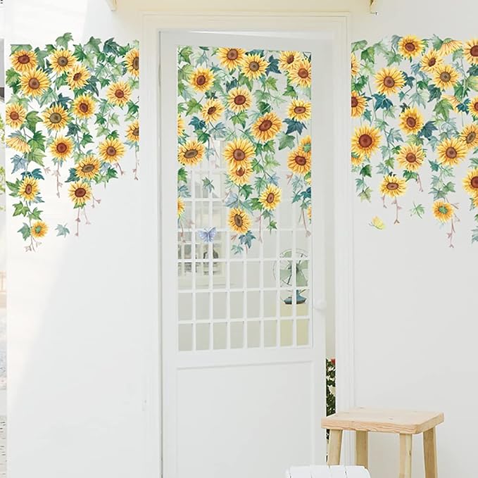 Runtoo Sunflower Wall Stickers Hanging Vines Floral Wall Art Decal for Kitchen Girls Bedroom Bathoom Kids Wall Decor