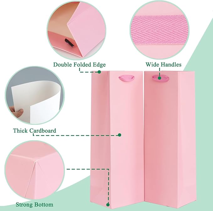 KEYYOOMY Wine Gift Bags - 10 Pack Pink Kraft Paper Wine Bottle Gift Bags with Handles for Wedding Birthday Housewarming Christmas Party Supplies(10CT, 13.8x4.3x3.5 IN, Pink)