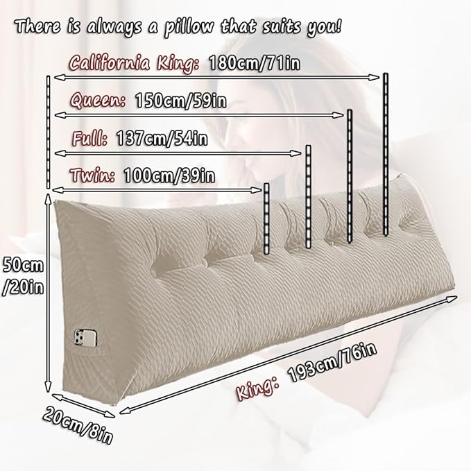 Gradient Velvet Triangular Wedge Pillow, Removable Cover Headboard Pillow for Daybed, Backrest Positioning Support Pillow Cushion Resting Reading Relaxing (Beige, King(76 * 20 * 8in))