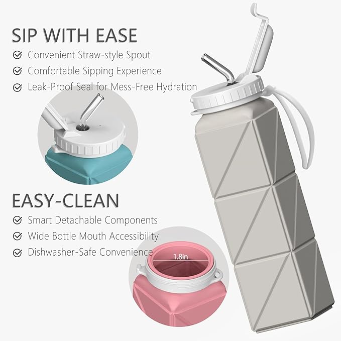 Collapsible Water Bottles, Silicone Foldable Portable Water Bottle 610ml, Lightweight Reusable Leakproof for Travel Camping Hiking Cycling Yoga Sports Outdoor