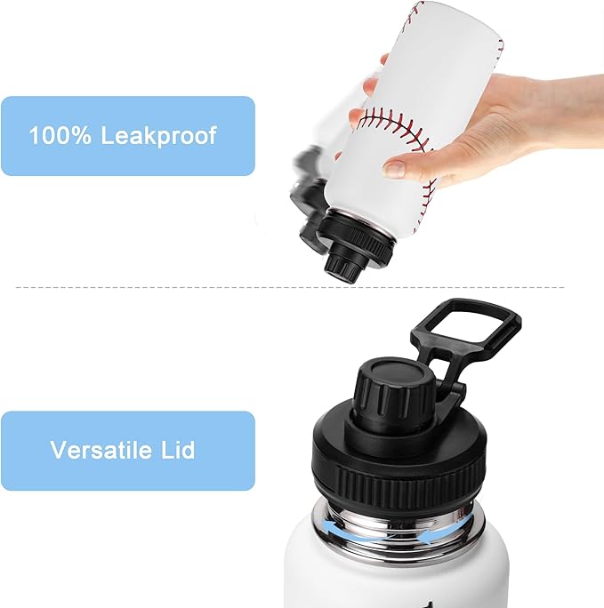 Cutiset 32 oz Baseball Water Bottle with Lids, Stainless Steel Leak Proof Sports Water Flask, Vacuum Metal Water Bottle,Baseball Line Design