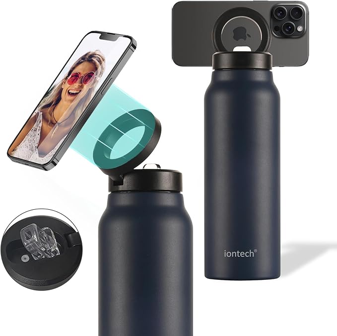 Insulated Water Bottle with Magnetic Phone Holder Compatible with MagSafe and iPhone, Stainless Steel Water Bottle Phone Mount For Sports Travel School, Hot 12H Cold 24H, 24oz (Navy Blue)