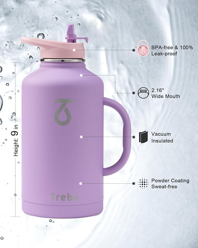 Trebo Half Gallon Water Bottle Insulated with Handle,64 oz Double Wall Stainless Steel Metal Large Jug,Travel Flask with Straw Spout Lid,Mug Tumbler Cup with Carry Pouch,Keep Cold Hot, Purple
