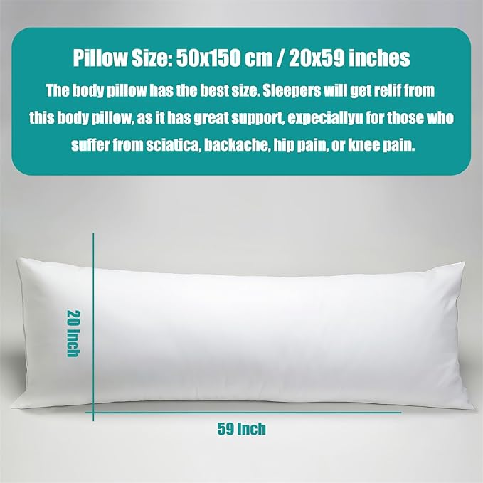 Anime Body Pillow Insert, 20""x 60"" Hugging Body Pillow Core, fit for 50x150 cm Japanese Anime Dakimakura Long Throw Pillow Vacuum Package 1 Piece (20x60 inches), White, ZhiRui-BodyPilow-New01