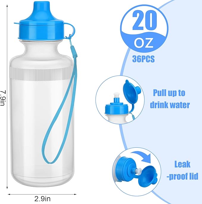 Zubebe 36 Pcs Sports Water Bottles Bulk 20 oz Squeeze Reusable Plastic Water Bottle with Nylon Strap Blank DIY Water Bottles for Kids Adults School Thanks Gift Outdoor Sport Fitness