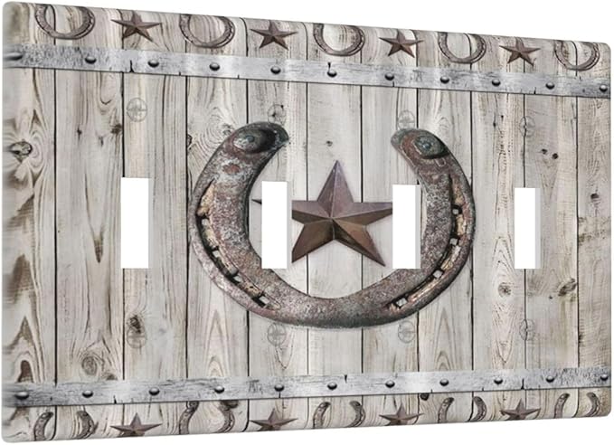 Rustic Western Wood Barn Door Horseshoe Iron Star Quad Toggle Light Switch Covers 4 Gang Wall Plate Decorative Switchplate Electrical Faceplate for Farmhouse Country Bedroom Decor