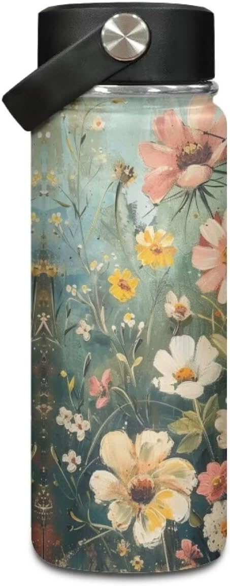 Floral Print Insulated Water Bottle for Women Stainless Steel Sports Water Flask Cup Portable Handle Hot and Cold Water Bottle, 20 Oz