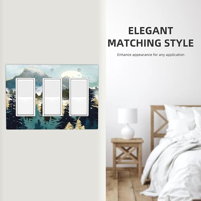 Boho Mountain Forest Abstract Sunset Sunrise Sun 3 Gang Rocker Light Switch Covers Triple Outlet Wall Plate Decorative Switchplate Cover Faceplate GFCI for Country Bathroom Bedroom Decor