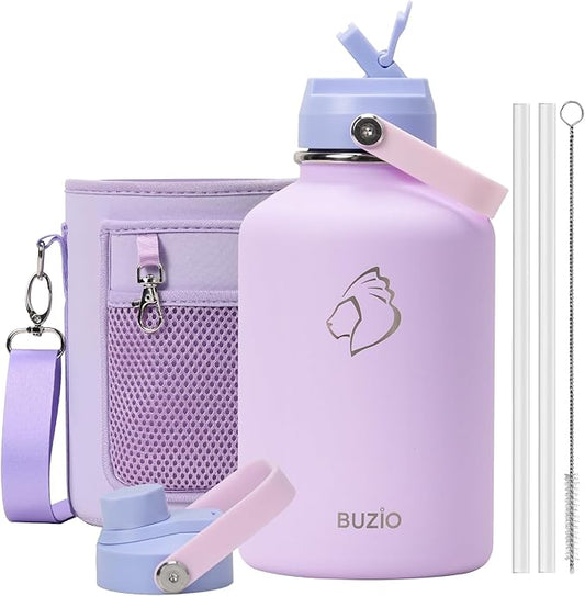 BUZIO 64oz Insulated Water Bottle, Half Gallon Water Jug Stainless Steel with Straw Lid and Carrying Pouch, Keep Cold 48h Lead-Free Double Wall Vacuum Thermo Metal Canteen for Gym Camping, Purple