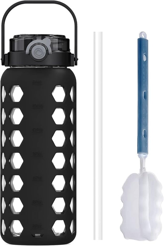 MUKOKO 56oz Glass Water Bottles with Straw and Lid,Motivational Water Jug with Time Marker Reminder and Silicone Sleeve,100% Leakproof BPA Free Fitness Sports Large Bottle-Black