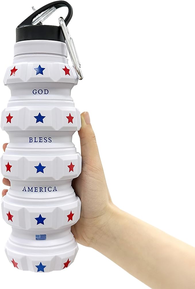 American Flag Collapsible Water Bottle 19.6 oz - US Flag Leak Proof Water Bottle - Patriots Gifts for Men Women - Silicone & Reusable - Independence Day Patriotic Accessories - God Bless America Decor