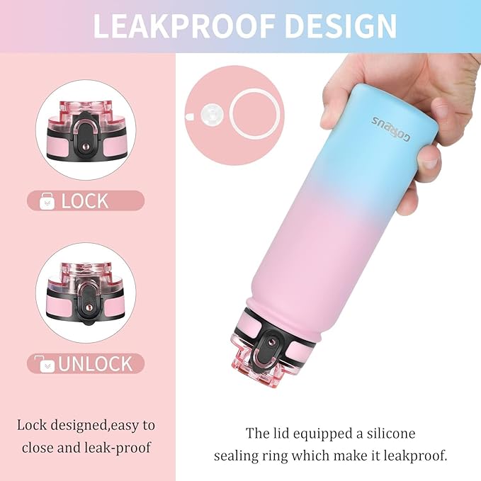 GOPPUS 20 oz Kids Water Bottle with Straw Wide Mouth Lid Leak Proof Double Walled Insulated Stainless Steel Water Bottles Stickers for Boys Girls School (Pink Blue 1 Lid)