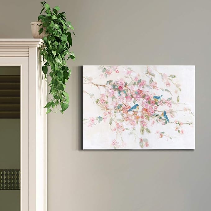 Renditions Gallery Canvas Nature Wall Art Modern Paintings & Prints Decor Romantic Blossomed Bluebirds Abstract Botanical Wall Hanging Artwork for Bedroom Office Kitchen - 18"x27" LT33