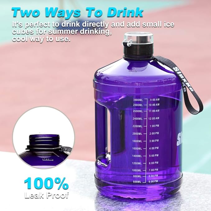 Gallon Big Water Bottle with Handle, 128oz Leakproof BPA Free Fitness Sports Water Bottle with Motivational Time Marker & Wide Mouth Ensure You Drink More Water