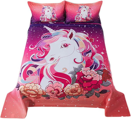 qjmiaofang Unicorn Sheets Queen Pink Unicorn Bedding Set 4Pieces Unicorn Bed Sheet Set with Rainbow and Flowers Bed Set Princess Unicorn Flat Sheet Set with 1 Flat Sheet 1 Fitted Sheet 2 Pillow Shams
